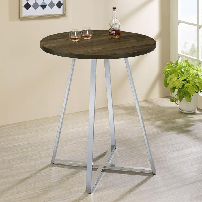 Burkhart - Sled Base Round Bar Table - Brown Oak And Chrome Sacramento Furniture Store Furniture store in Sacramento