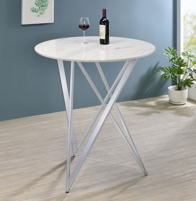 Bexter - Faux Marble Round Top Bar Table - White And Chrome Sacramento Furniture Store Furniture store in Sacramento