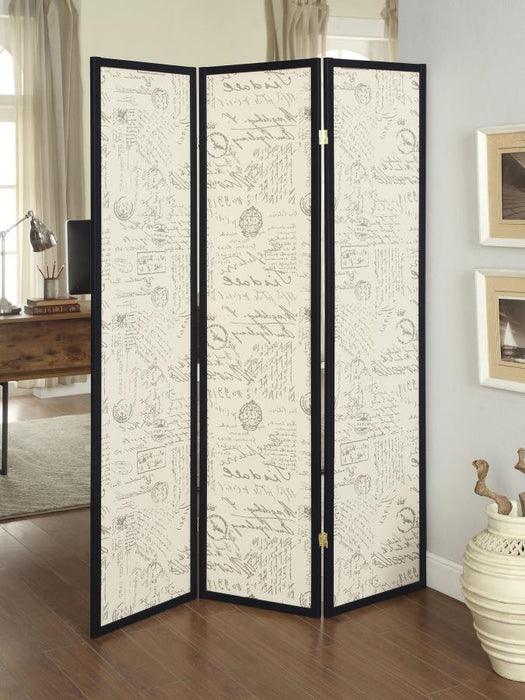 Felice - 3-Panel French Script Print Folding Screen - Espresso Sacramento Furniture Store Furniture store in Sacramento