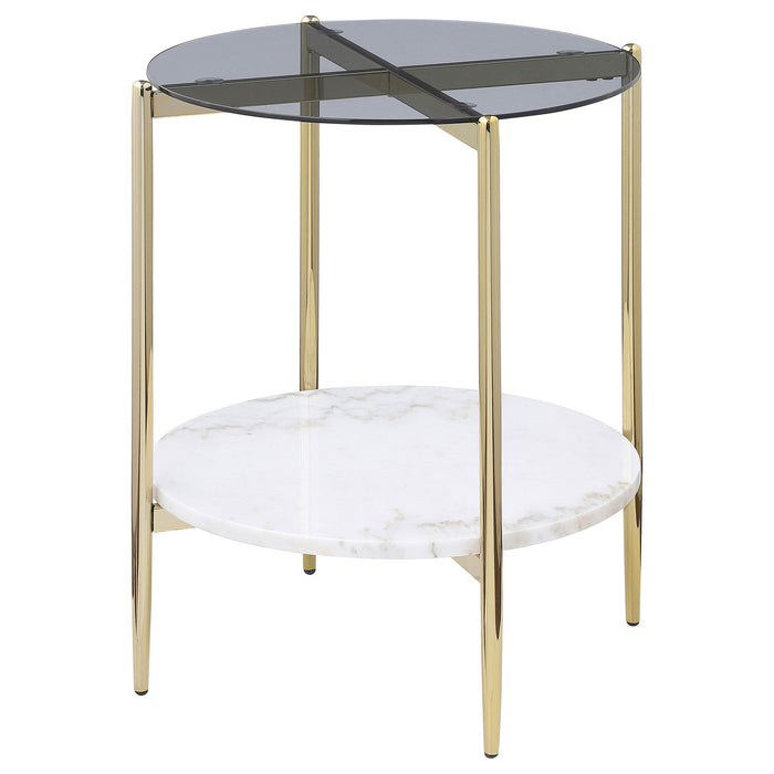 Jonelle - Round Glass Top End Table Marble Shelf - Gold / White