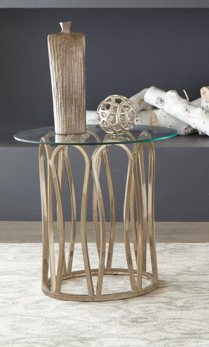 Monett - Round End Table - Chocolate Chrome And Clear Sacramento Furniture Store Furniture store in Sacramento