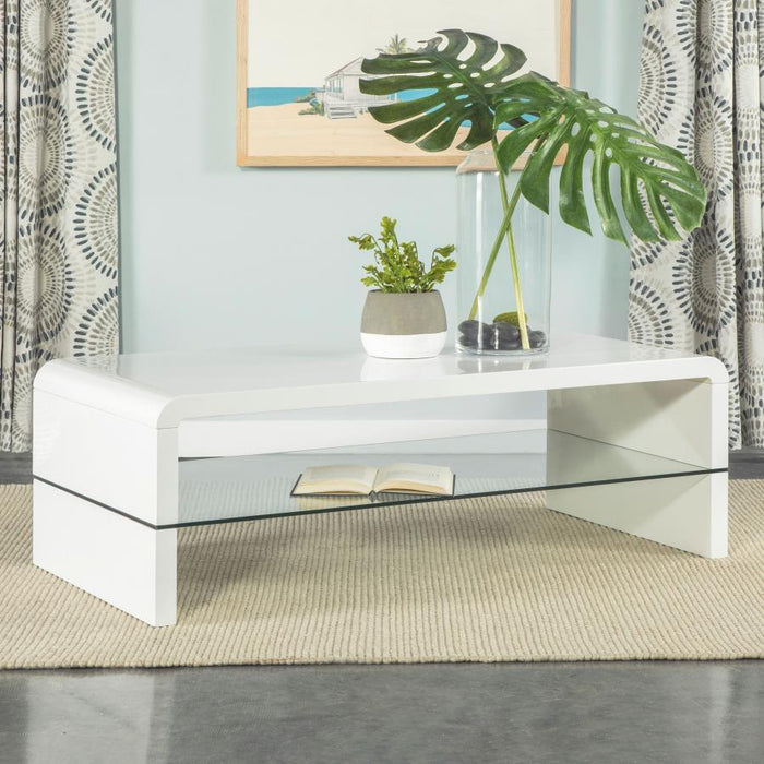 Airell - Rectangular Coffee Table With Glass Shelf - White High Gloss Sacramento Furniture Store Furniture store in Sacramento