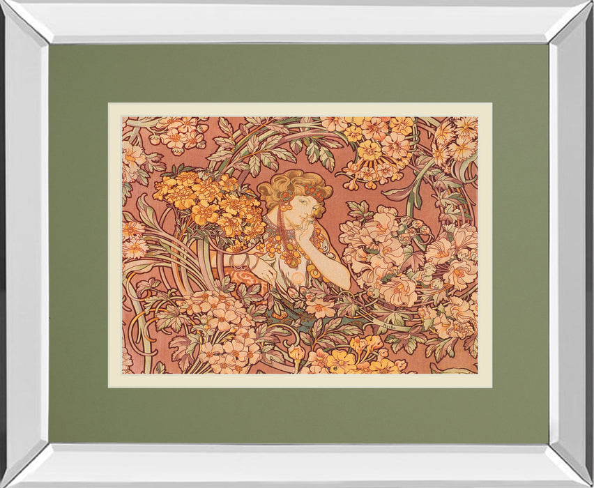 Redhead Among Flowers By Alphonse Mucha - Mirror Framed Print Wall Art - Pink