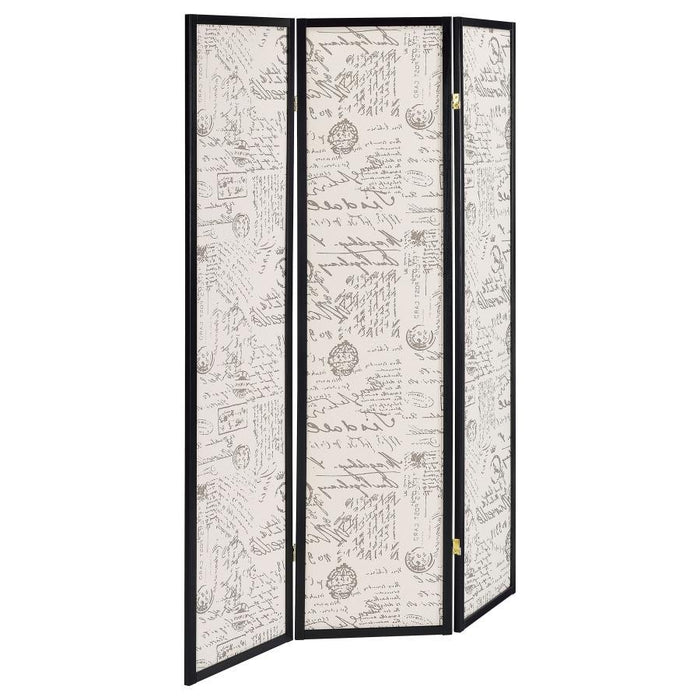 Felice - 3-Panel French Script Print Folding Screen - Espresso Sacramento Furniture Store Furniture store in Sacramento