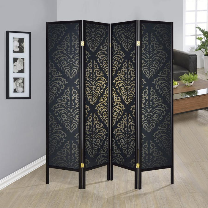 Haidera - 4-panel Damask Pattern Folding Screen - Black Sacramento Furniture Store Furniture store in Sacramento