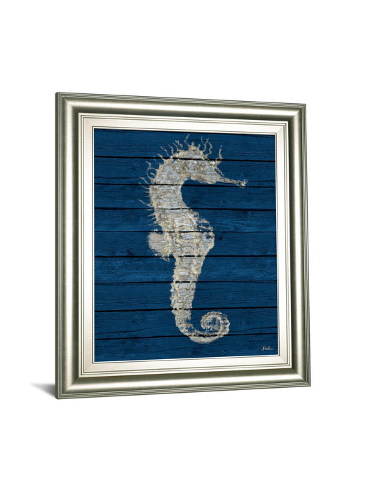 Antique Seahorse On Blue I By Patricia Pinto - Framed Print Wall Art - Blue