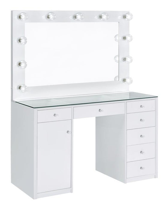 Acena - 7-Drawer Glass Top Vanity Desk With Lighting - White Sacramento Furniture Store Furniture store in Sacramento