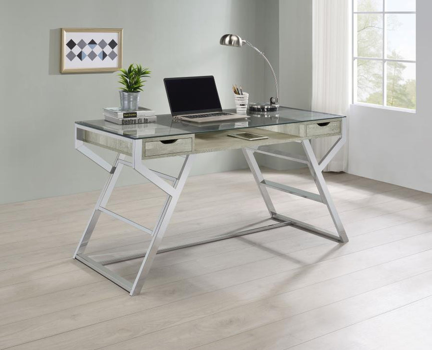 Emelle - 2-Drawer Glass Top Writing Desk - Gray Driftwood And Chrome Sacramento Furniture Store Furniture store in Sacramento