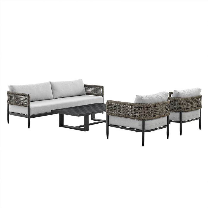 Alegria - 4 Piece Outdoor Black Aluminum & Rope Conversation Set With Cushions - Light Gray