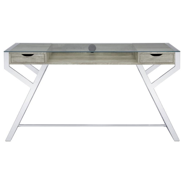 Emelle - 2-Drawer Glass Top Writing Desk - Gray Driftwood And Chrome Sacramento Furniture Store Furniture store in Sacramento