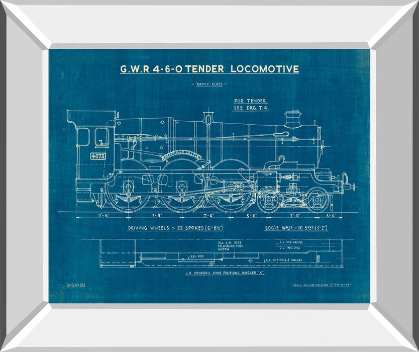 Locomotive Blueprint I By Wild Apple Portfolio - Mirror Framed Print Wall Art - Blue