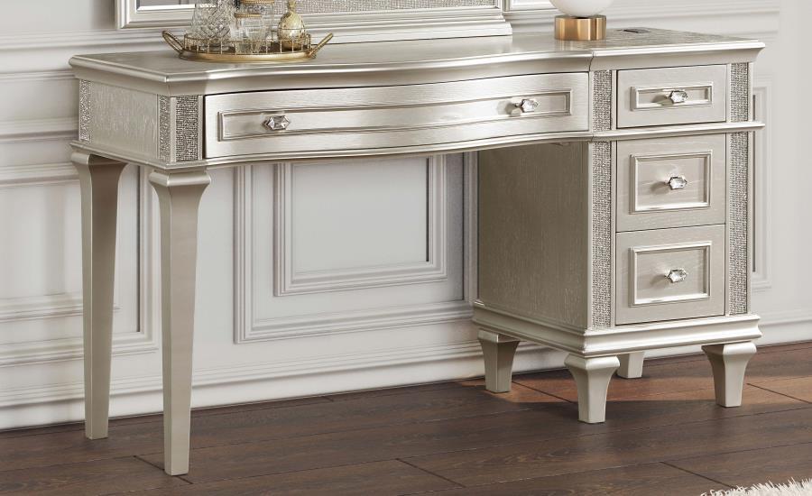 Evangeline - 4-Drawer Vanity Table With Faux Diamond Trim - Silver And Ivory Sacramento Furniture Store Furniture store in Sacramento