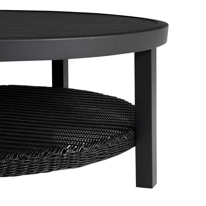 Cayman - Outdoor Round Conversation Table With Wicker Shelf - Black