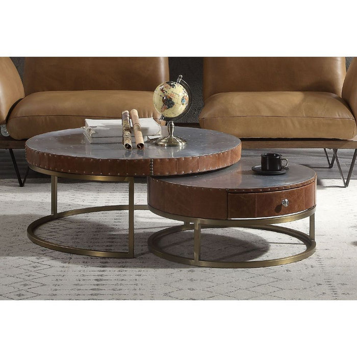 Tamas - Coffee Table - Aluminum & Cocoa Top Grain Leather - 16"