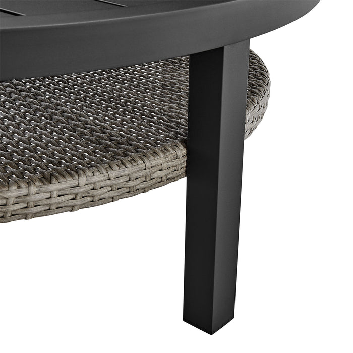 Palma - Outdoor Patio Round Coffee Table With Wicker Shelf - Black / Gray