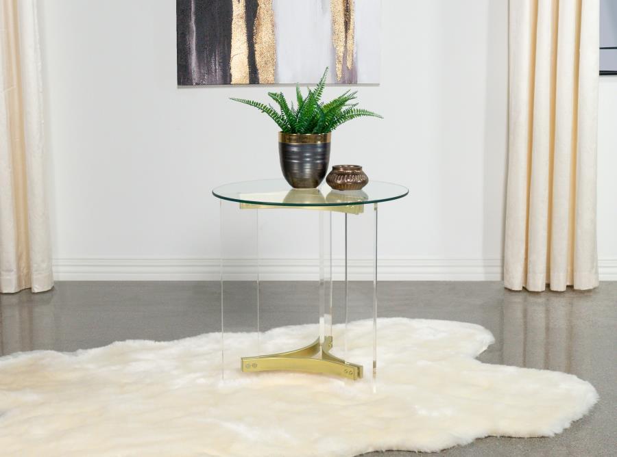 Janessa - Round Glass Top End Table With Acrylic Legs - Clear And Matte Brass Sacramento Furniture Store Furniture store in Sacramento