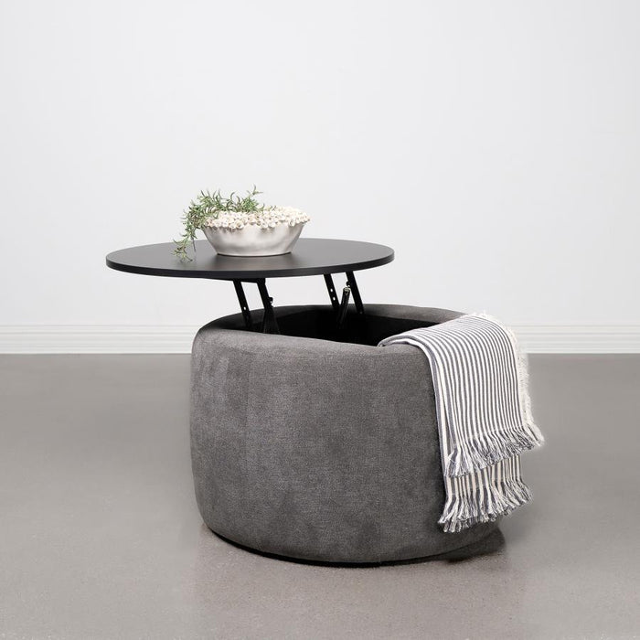 Tesoro - Upholstered Round Lift Top Storage Ottoman - Grey And Black