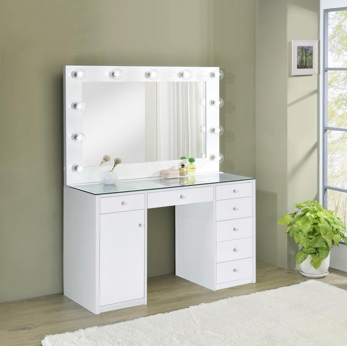 Acena - 7-Drawer Glass Top Vanity Desk With Lighting - White Sacramento Furniture Store Furniture store in Sacramento