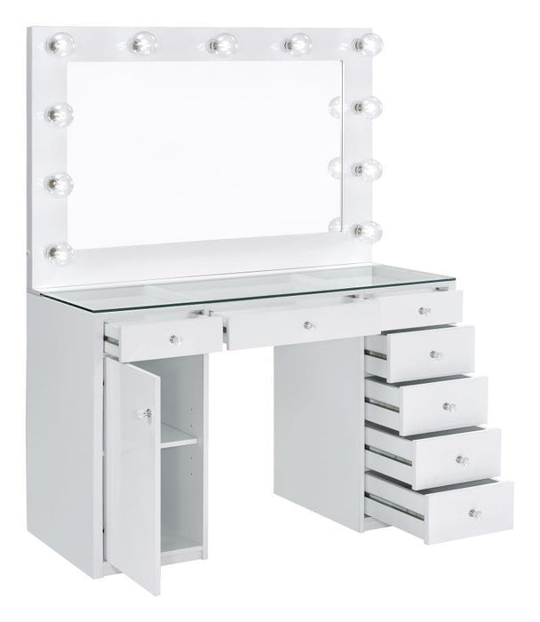 Acena - 7-Drawer Glass Top Vanity Desk With Lighting - White Sacramento Furniture Store Furniture store in Sacramento