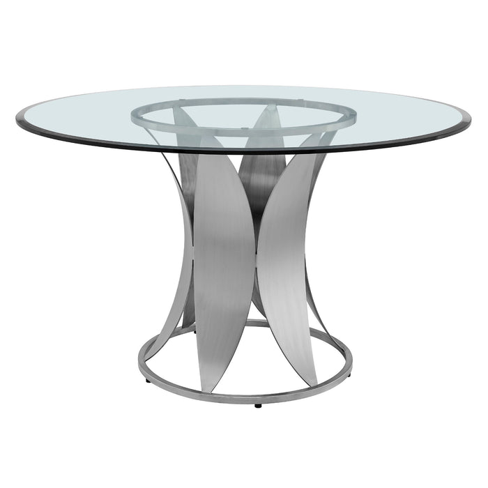 Petal - Modern Glass Round Pedestal Dining Table - Brushed Stainless Steel