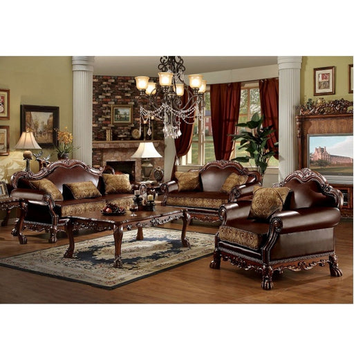 Dresden - Loveseat - Brown PU & Chenille, Cherry Oak Sacramento Furniture Store Furniture store in Sacramento