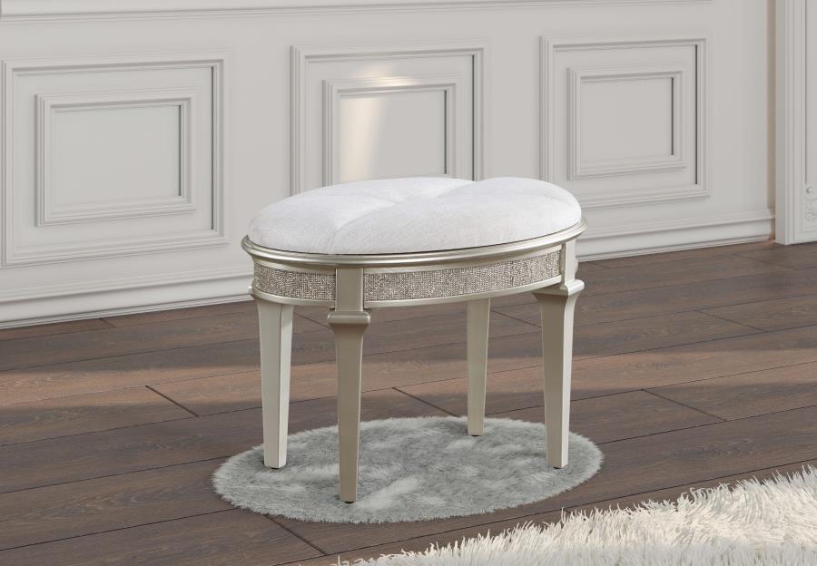 Evangeline - Oval Vanity Stool With Faux Diamond Trim - Silver And Ivory Sacramento Furniture Store Furniture store in Sacramento